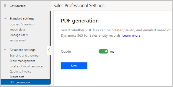 PDF generation settings page to enable PDF generation