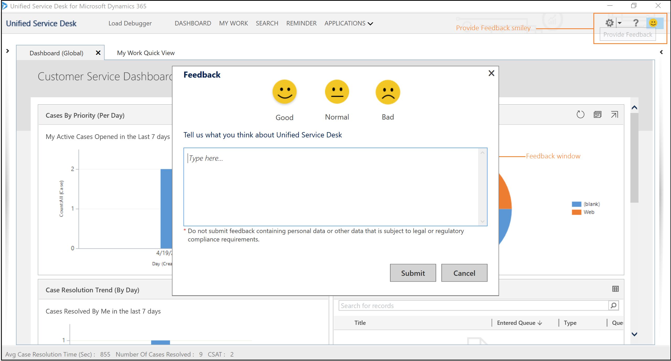 Provide feedback smiley and window.