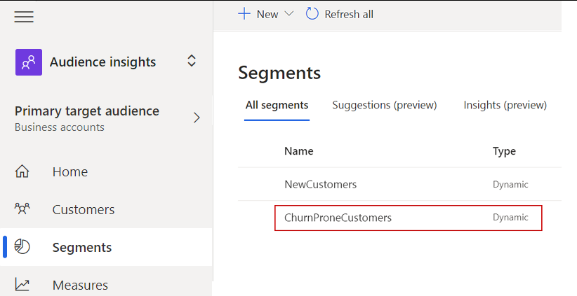 Screenshot of the segments page with the ChurnProneCustomers segment created.