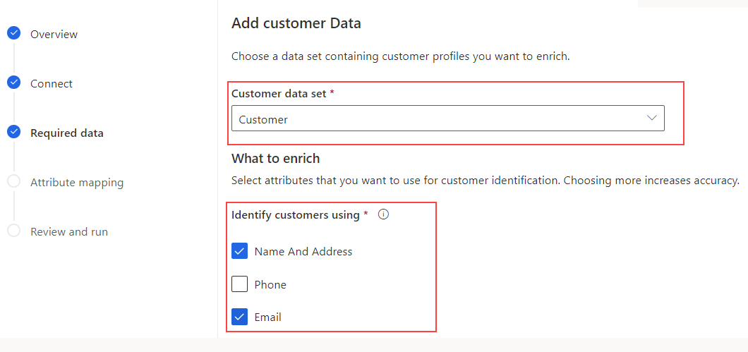Screenshot when choosing the customer data set.