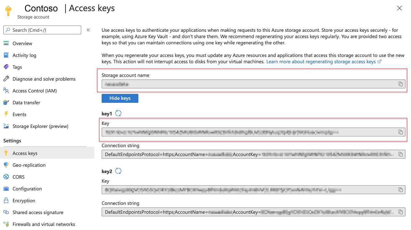 Access keys in a storage account.