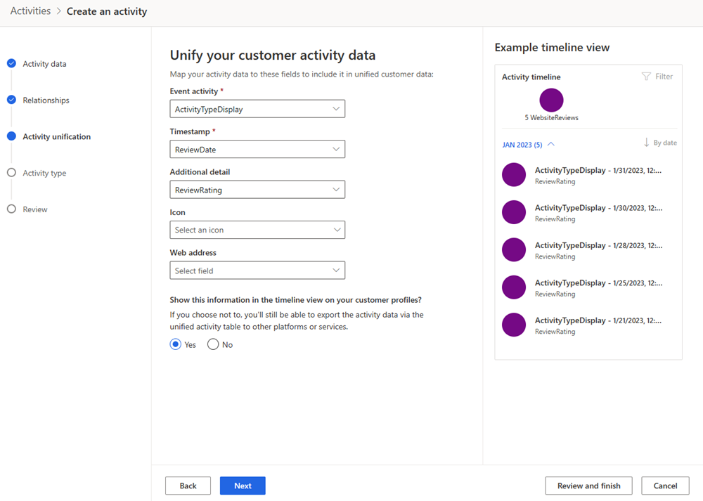 Specify the customer activity data in a Unified Activity entity.