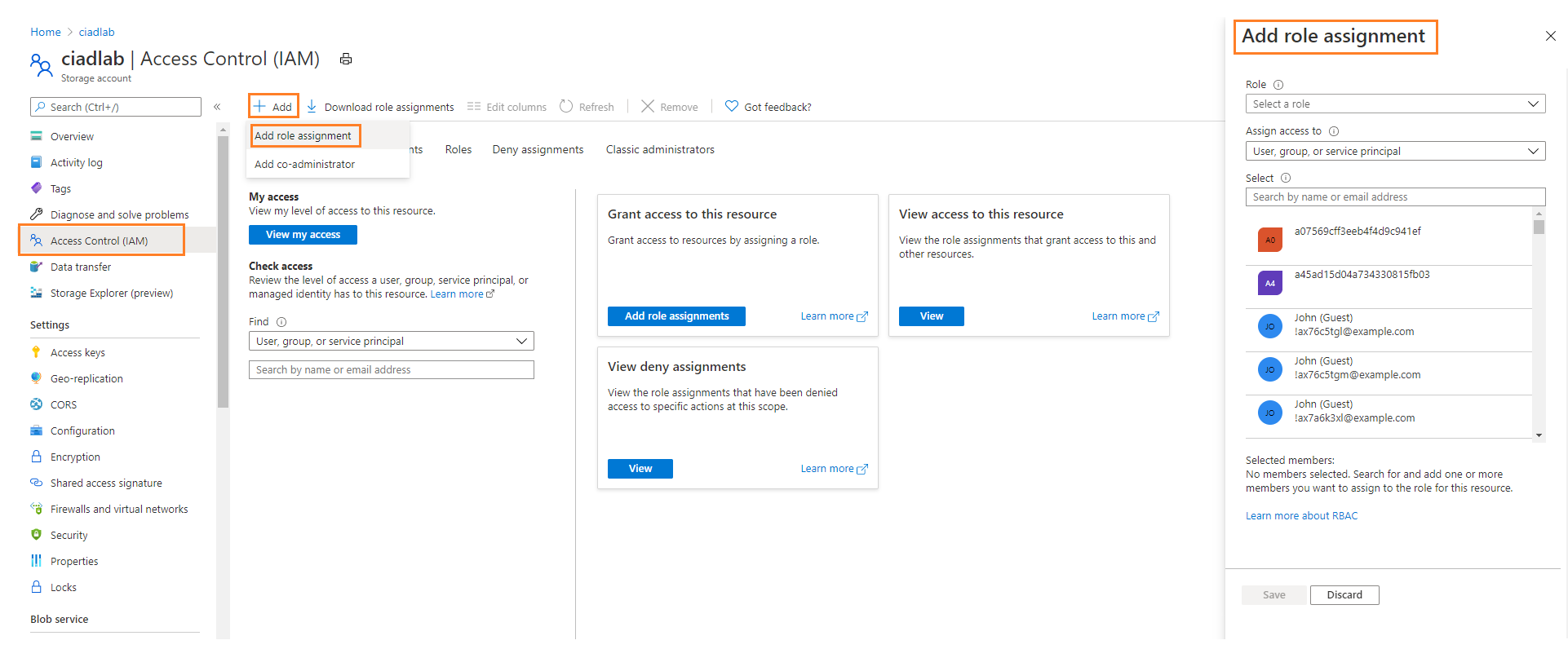 Screenshot showing the Azure portal while adding a role assignment.