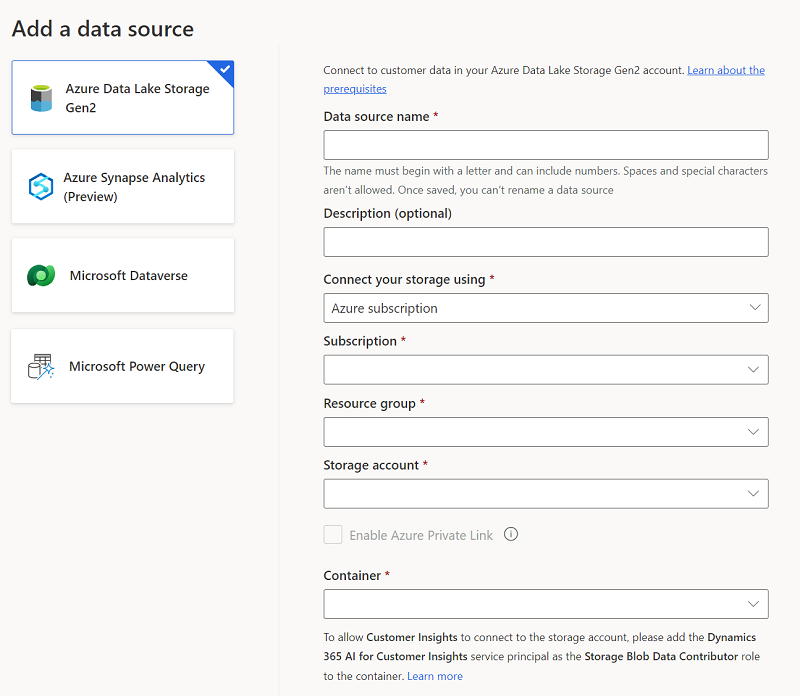 Dialog box to enter connection details for Azure Data Lake.
