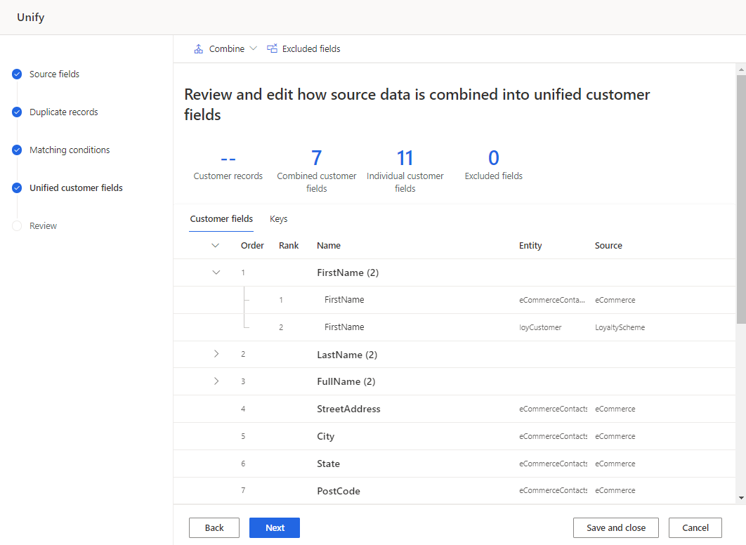 Merge page in the data unification process showing table with merged fields that define the unified customer profile.