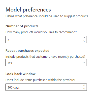 Model preferences for the product recommendation model.