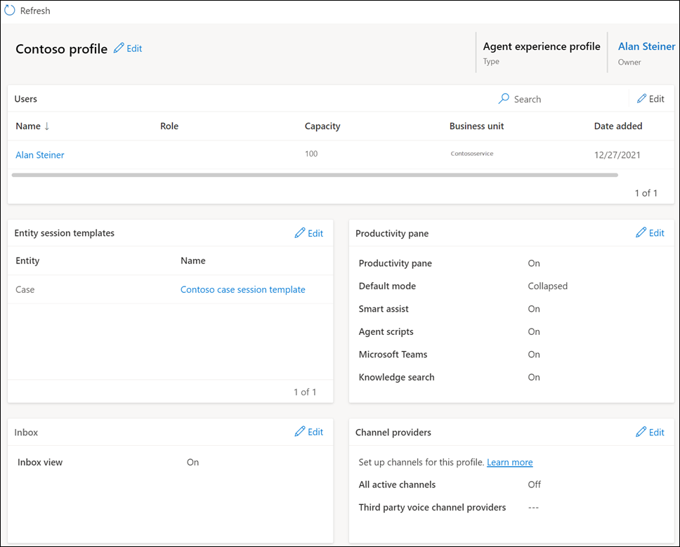 The agent experience profile with configured settings in Customer Service admin center.