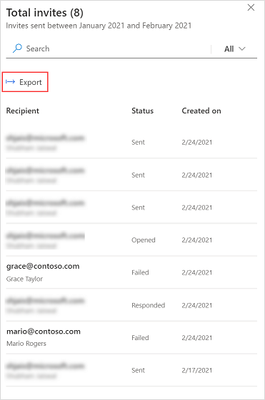 Screenshot showing the Export command in an invitation details panel.