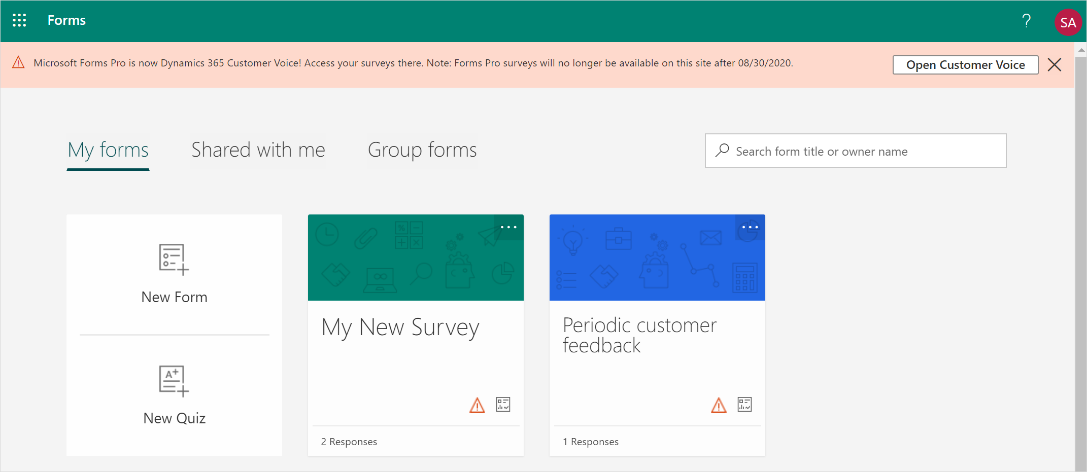 Message bar with the information that Forms Pro is now Dynamics 365 Customer Voice.