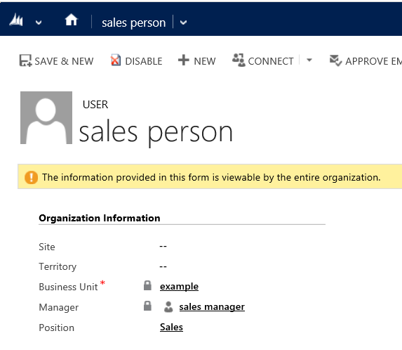 Sales person user record in Dynamics 365 for Customer Engagement.