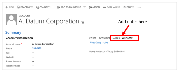 Add notes or OneNote notes in Dynamics 365 Customer Engagement (on-premises).
