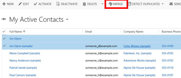 Merge records button in Dynamics 365 Customer Engagement (on-premises).