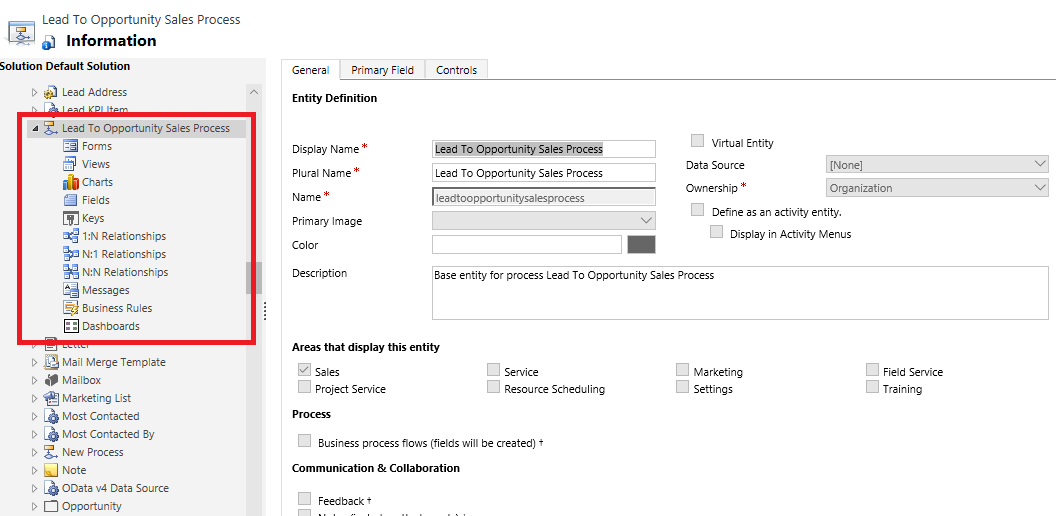 Solution Explorer with lead-to-opportunity process entity