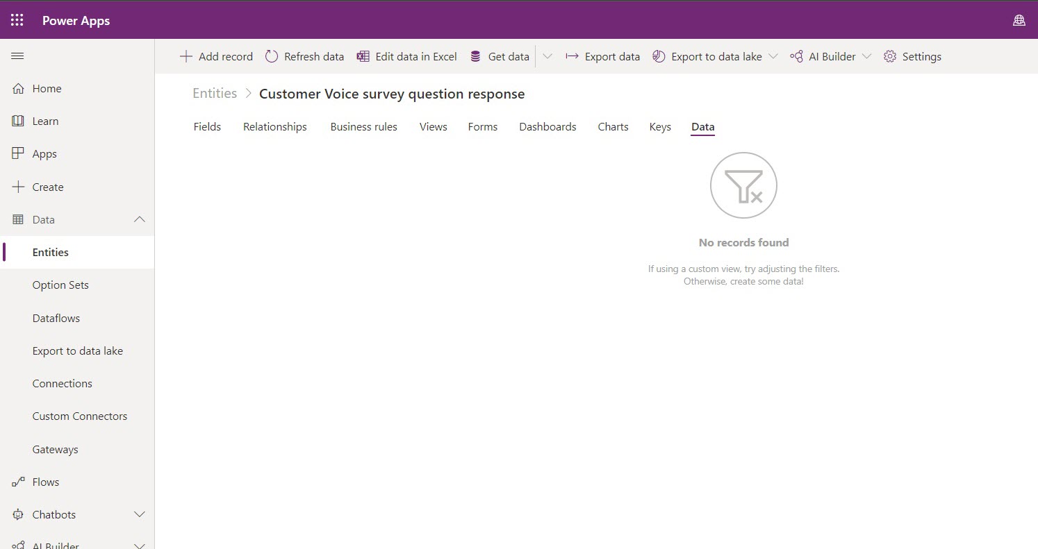 Customer Voice survey question responses in Power Apps.