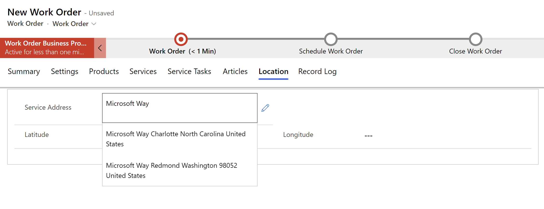 Screenshot of a new work order in Field Service, showing address suggestions in a dropdown menu.
