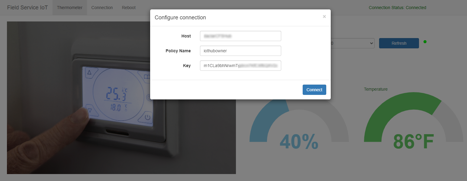 Screenshot of the "configure connection" dialog in Azure.