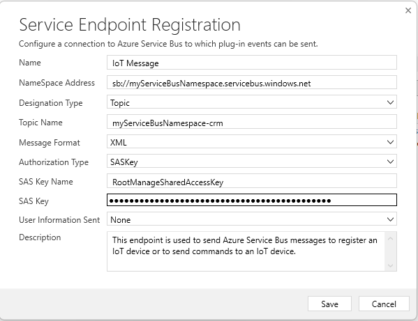 Screenshot of the Service Endpoint Registration page.