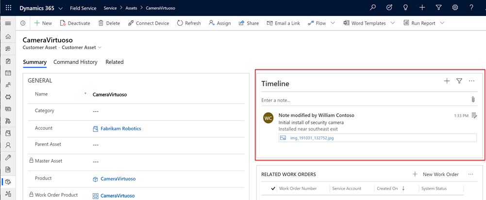 Screenshot of a customer asset showing the timeline with a note.