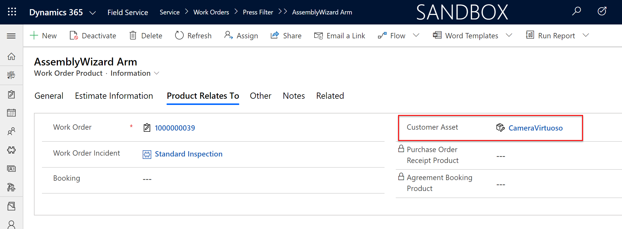 Screenshot of a work order product showing the related customer asset.