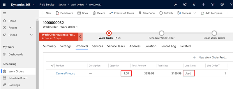 Screenshot of a work order on the Product tab showing the quantity and line status of a product.