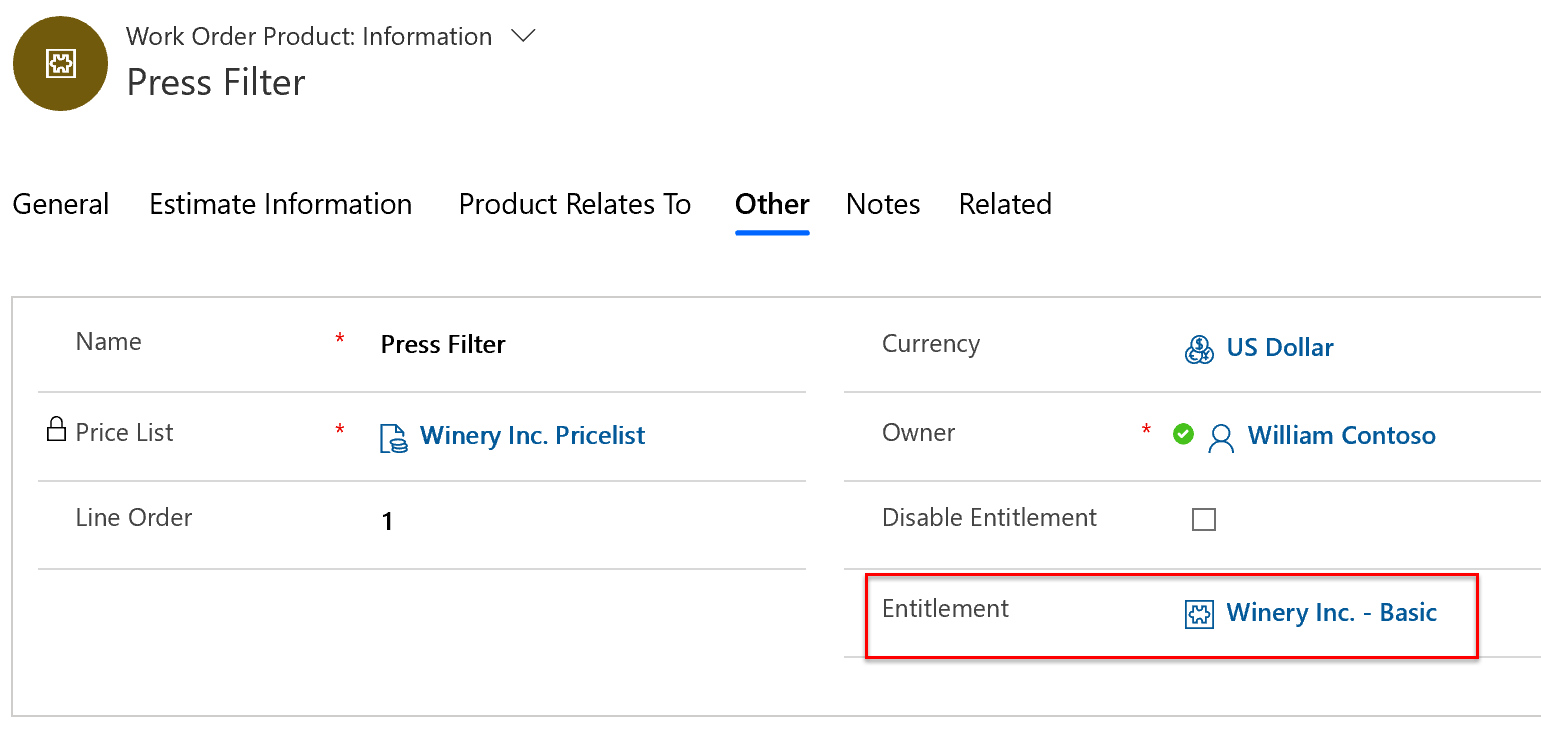 Screenshot of entitlement applied to work order product.