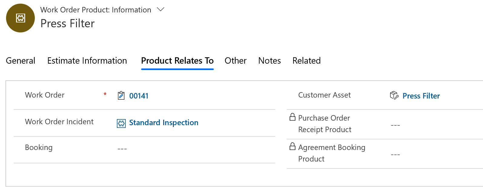 Screenshot of customer asset related to the work order product.