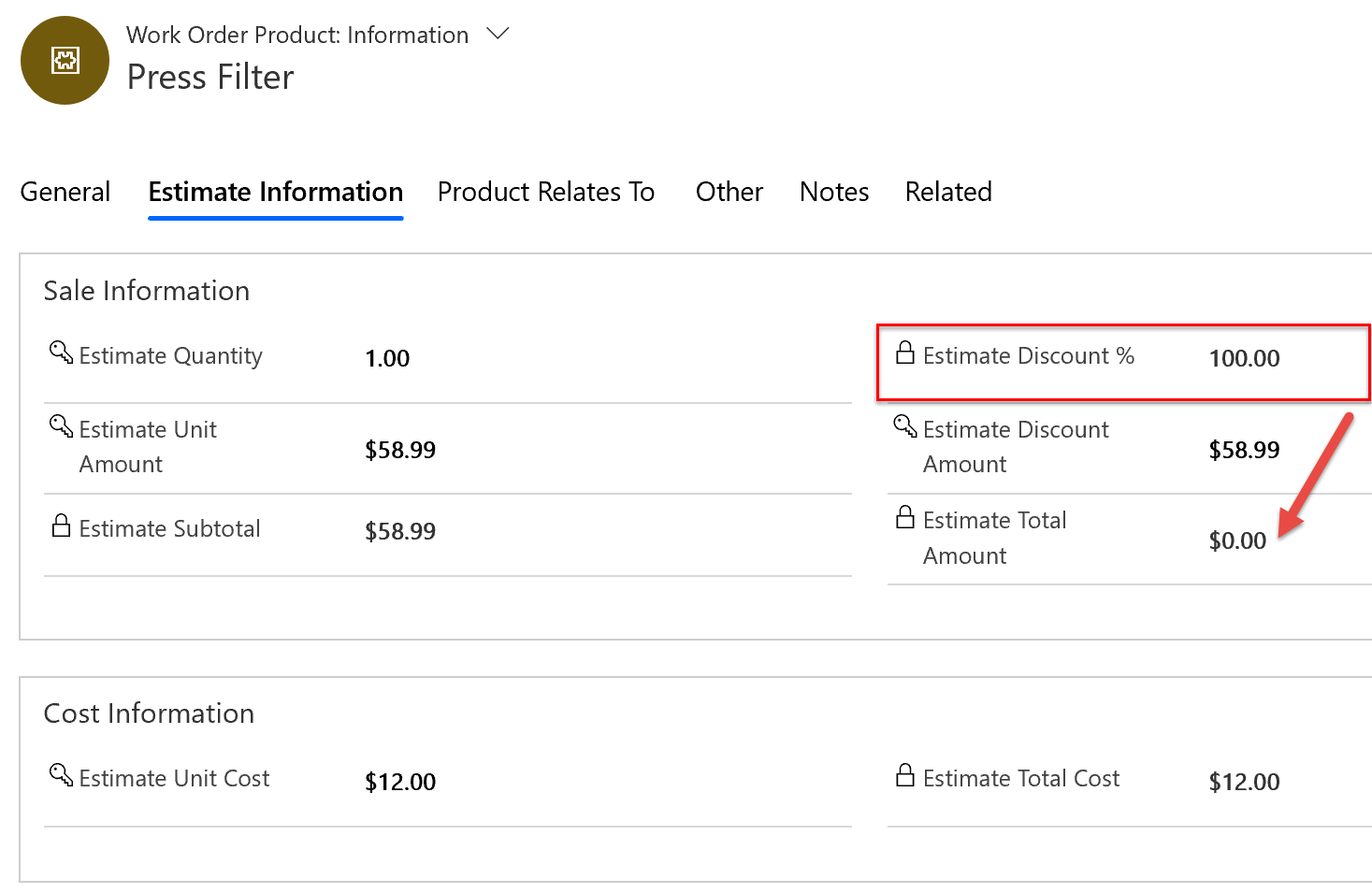 Screenshot of discount making the work order product free.