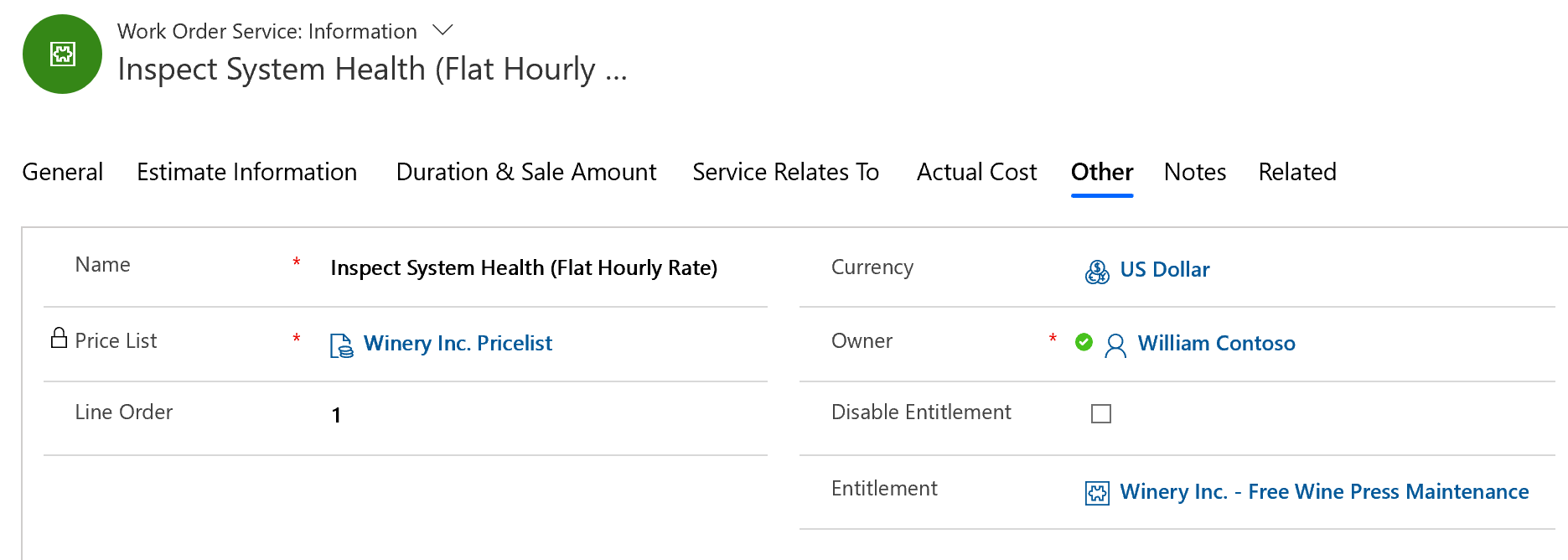 Screenshot of entitlement applied to the work order service.