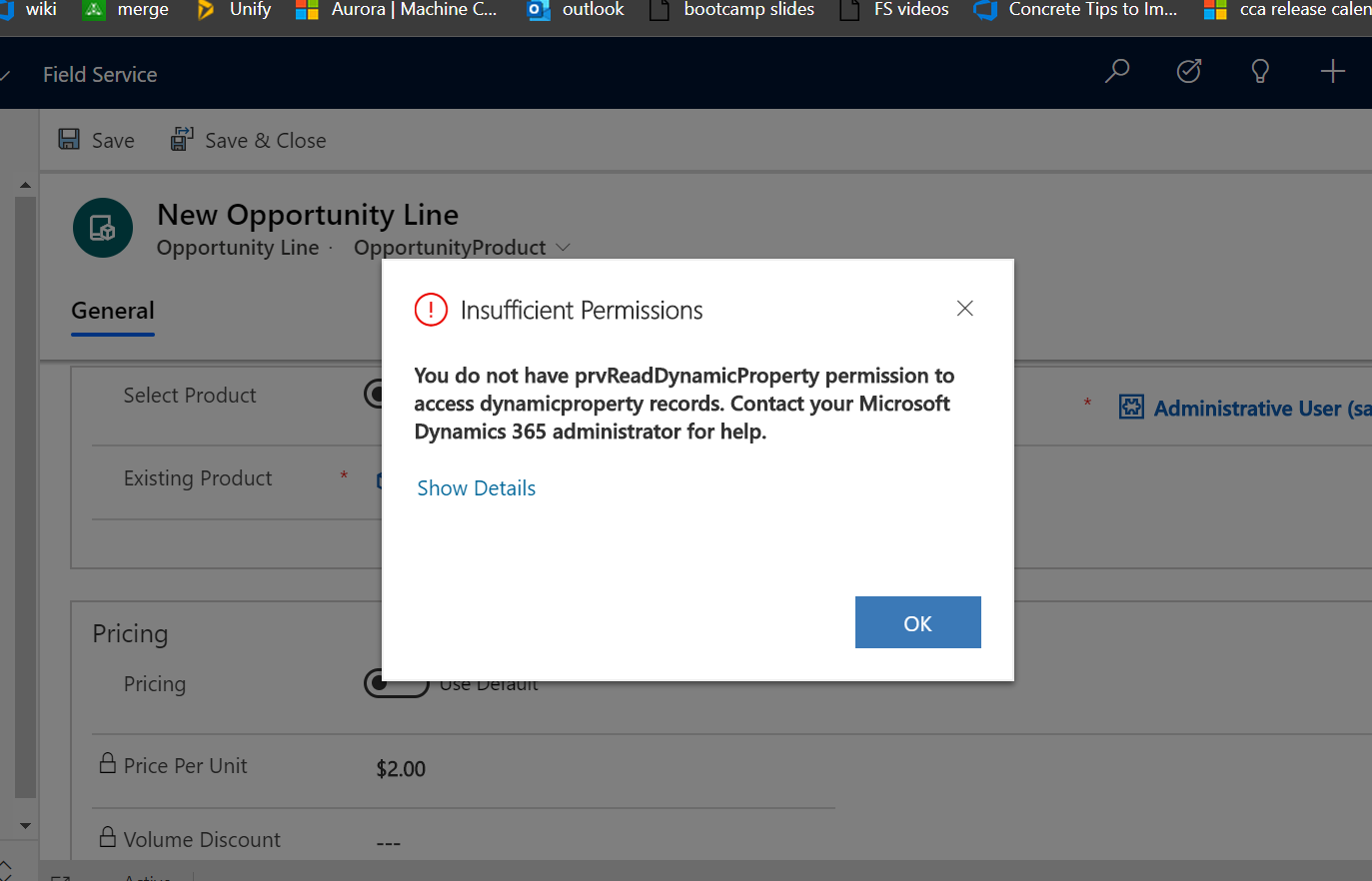 Screenshot of the insufficient permissions error window.