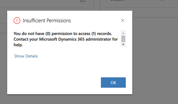 Screenshot of the insufficient permissions error window, showing error details.