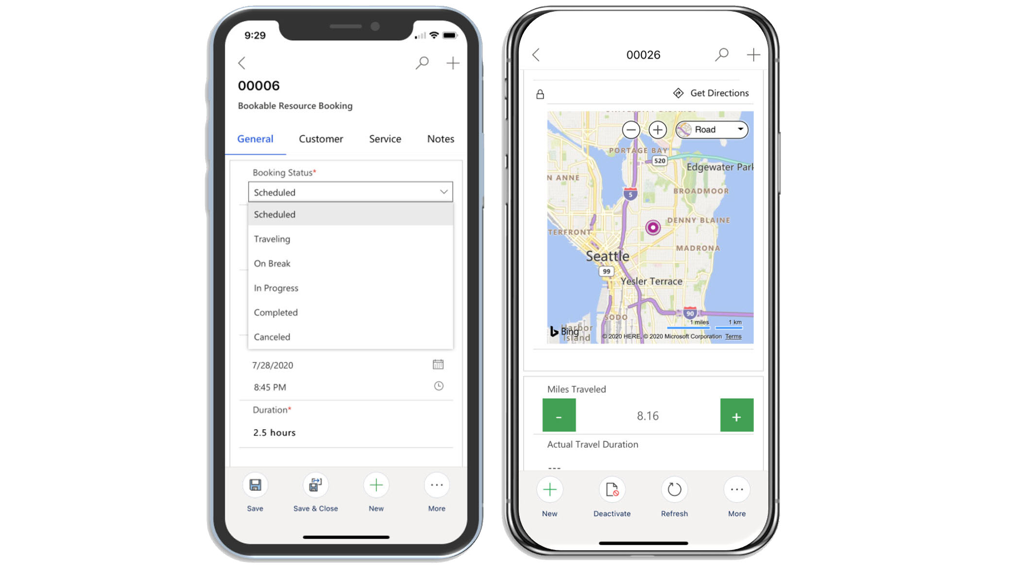 Renderings of two mobile devices showing booking status and a mapped work location in the Field Service mobile app.