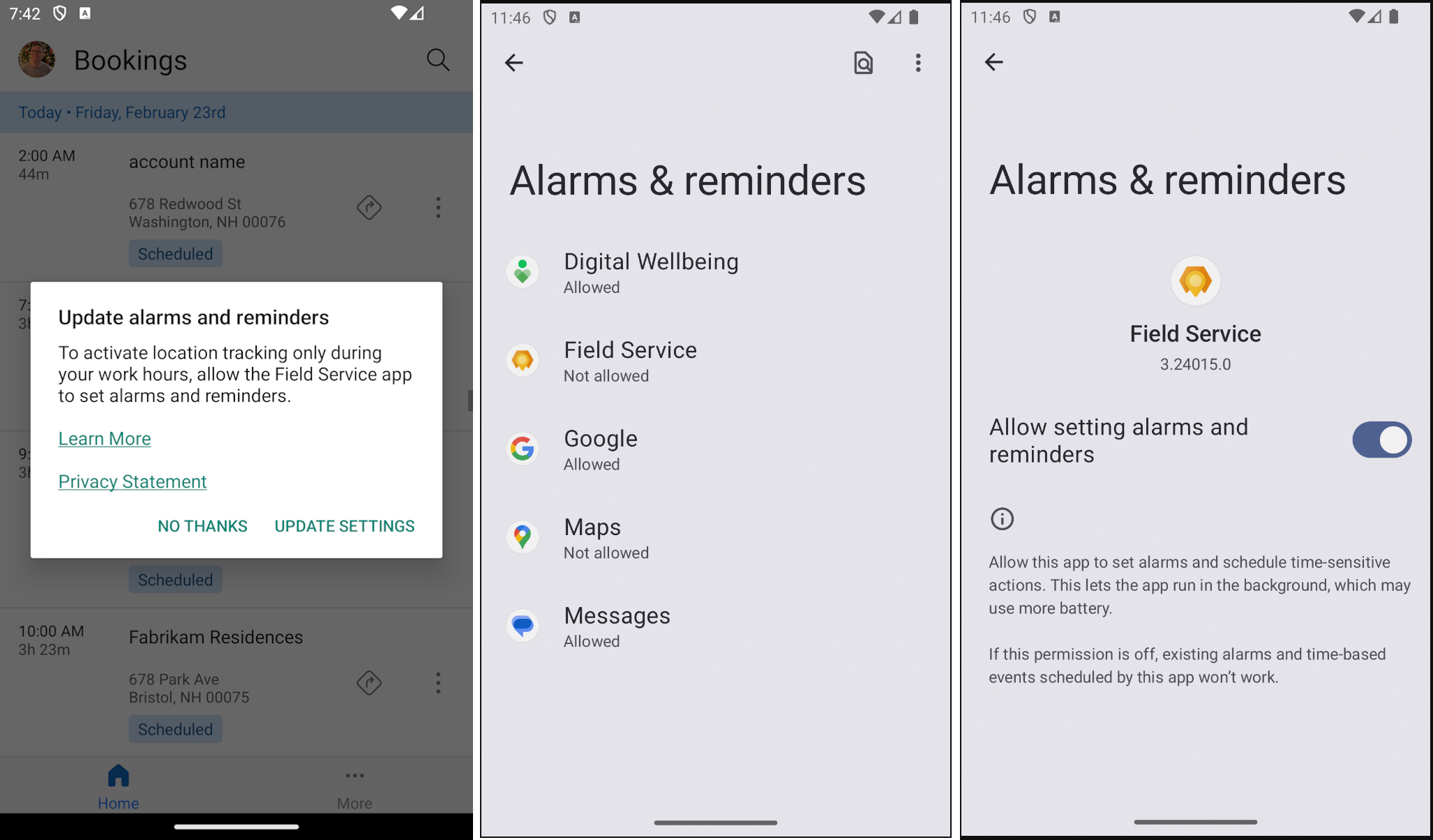 Dialog asking for permissions to alarms and reminders.