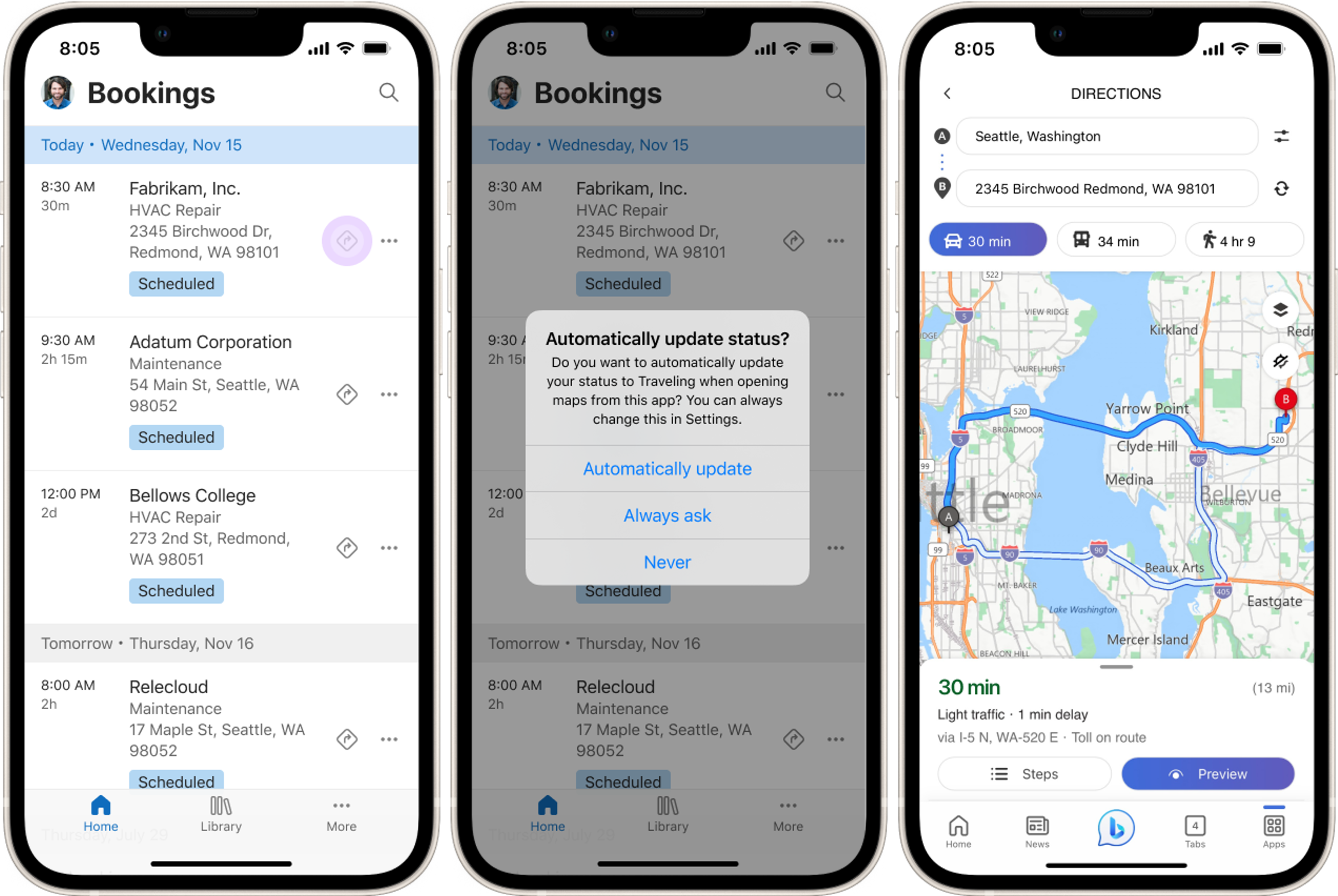 Renderings of three mobile devices showing how to get directions to a work location and update booking status automatically in the Field Service mobile app.