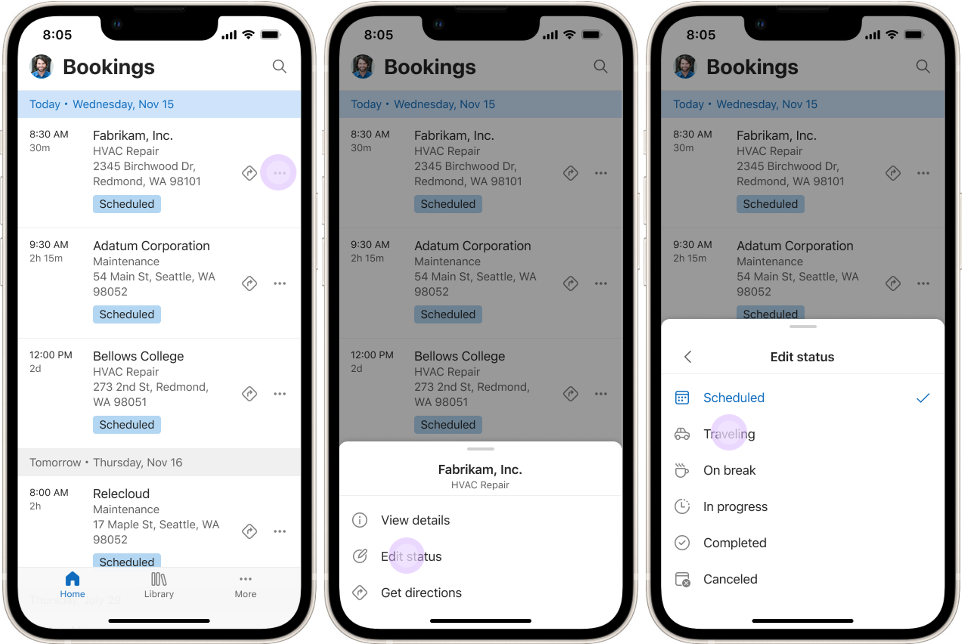 Renderings of three mobile devices showing how to change a booking's status in the Field Service mobile app.