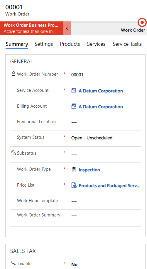 Screenshot of a work order in Field Service.