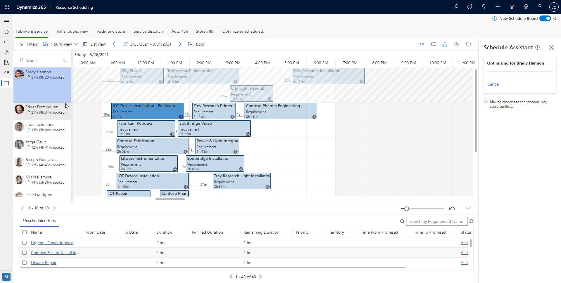 Screenshot of the optimize schedule for a resource in progress.