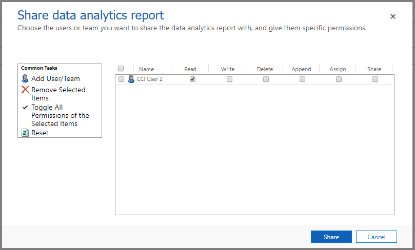 Screenshot of the share data analytics report window with the read box checked.