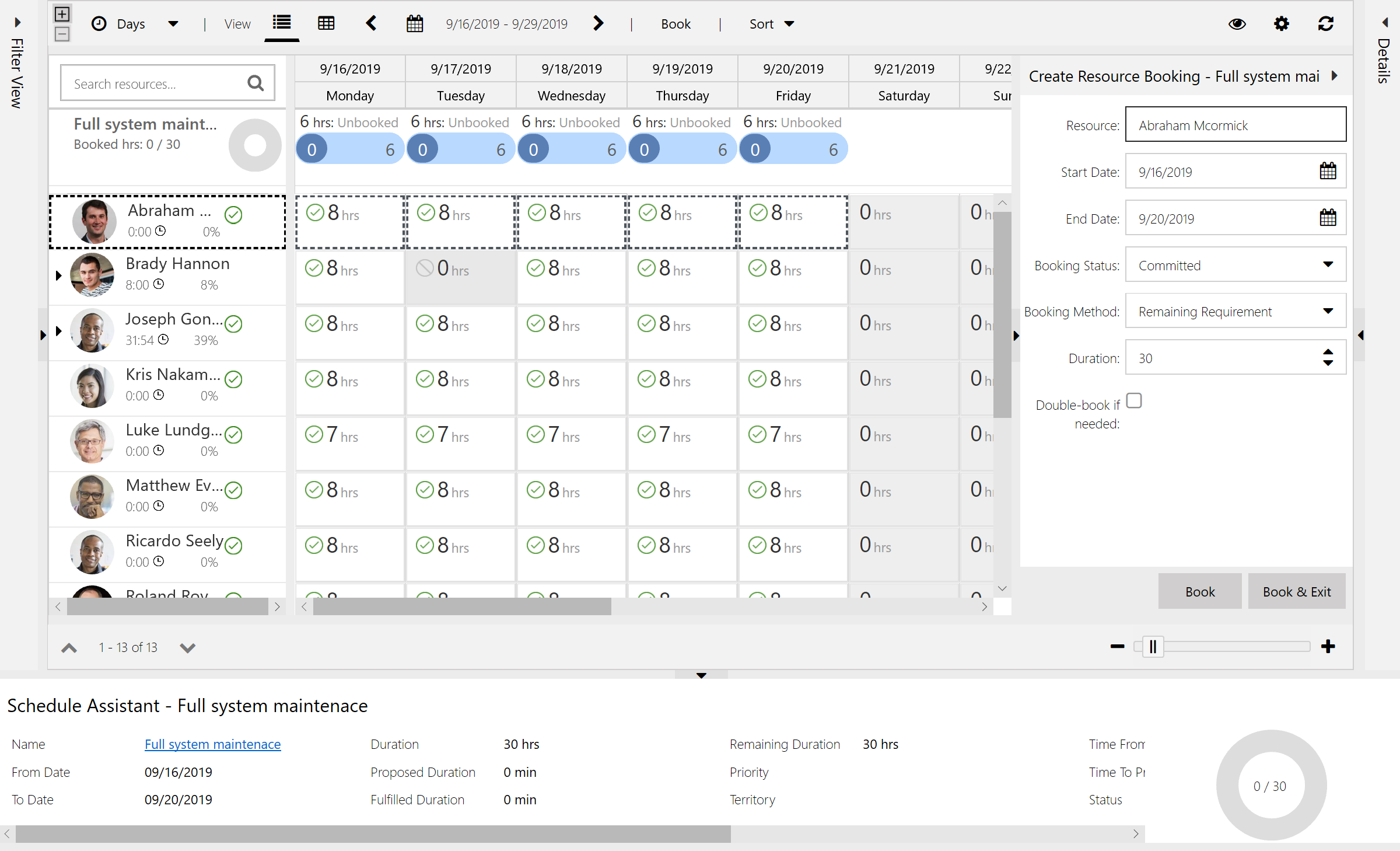 Screenshot of schedule assistant showing resource availability.
