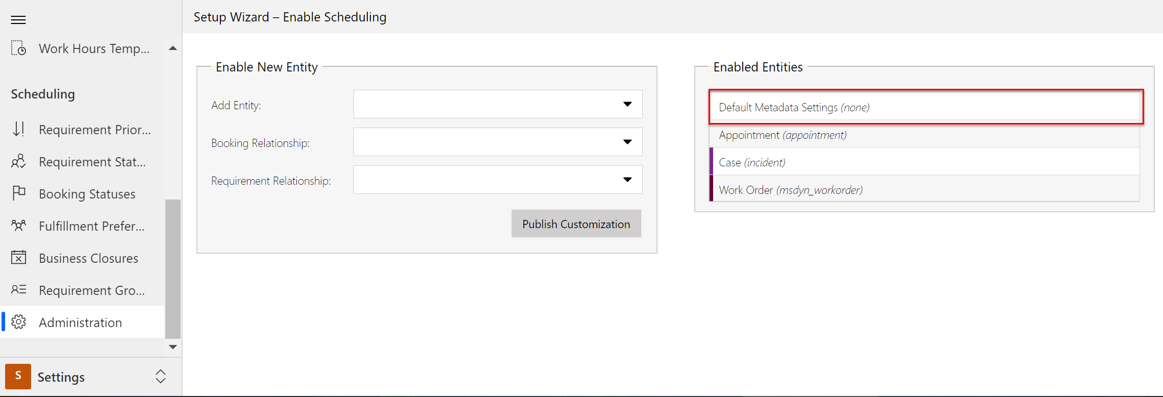 Screenshot of the "Default Metadata Settings (none) option selected in the enabled entities settings.