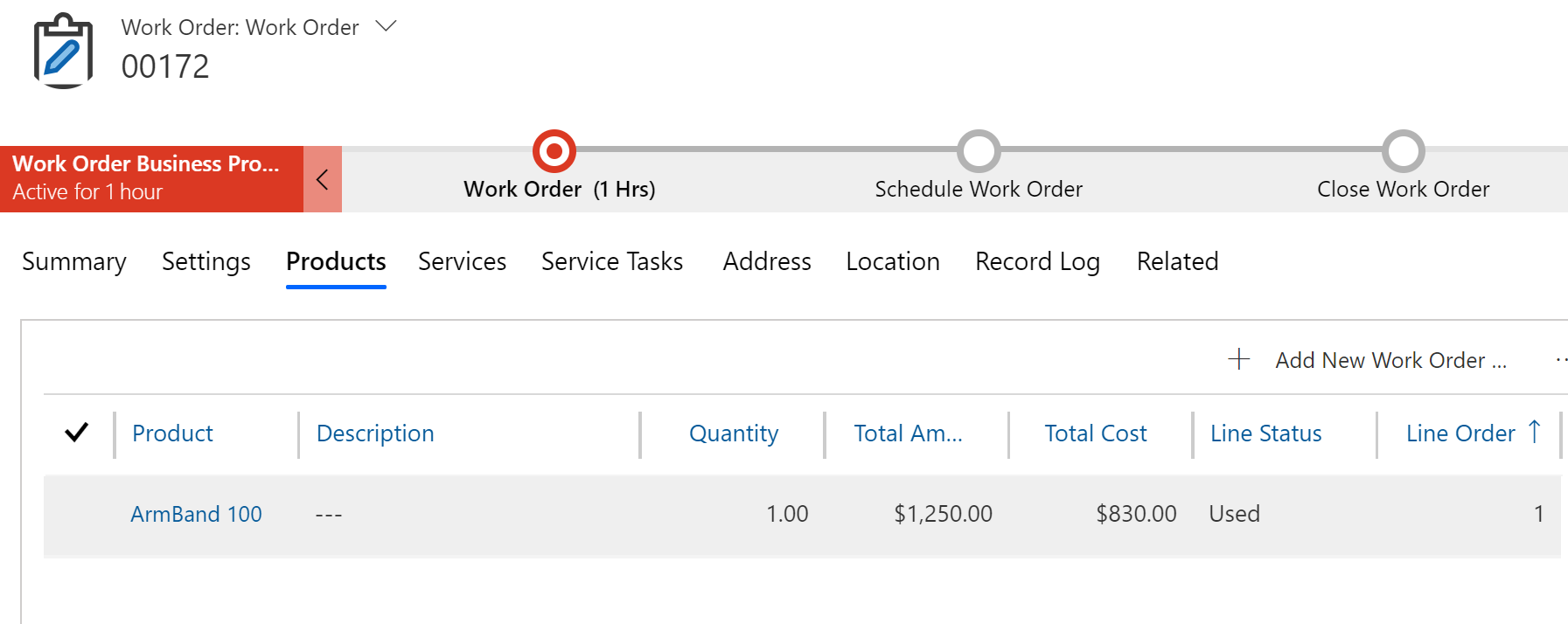 Screenshot of used work order product.