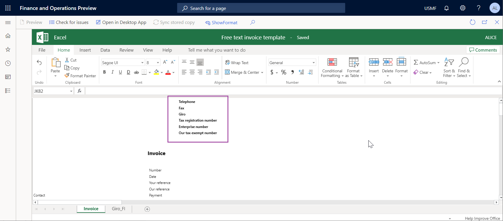 Changing font to bold in the template header on the Business document management template editor page.