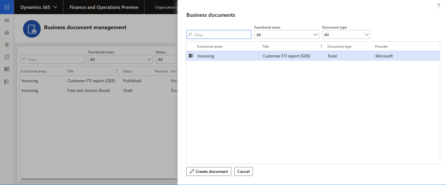 Business documents dialog box.
