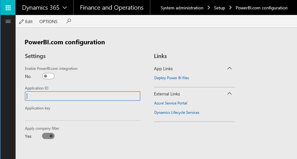 Power BI configuration dialog