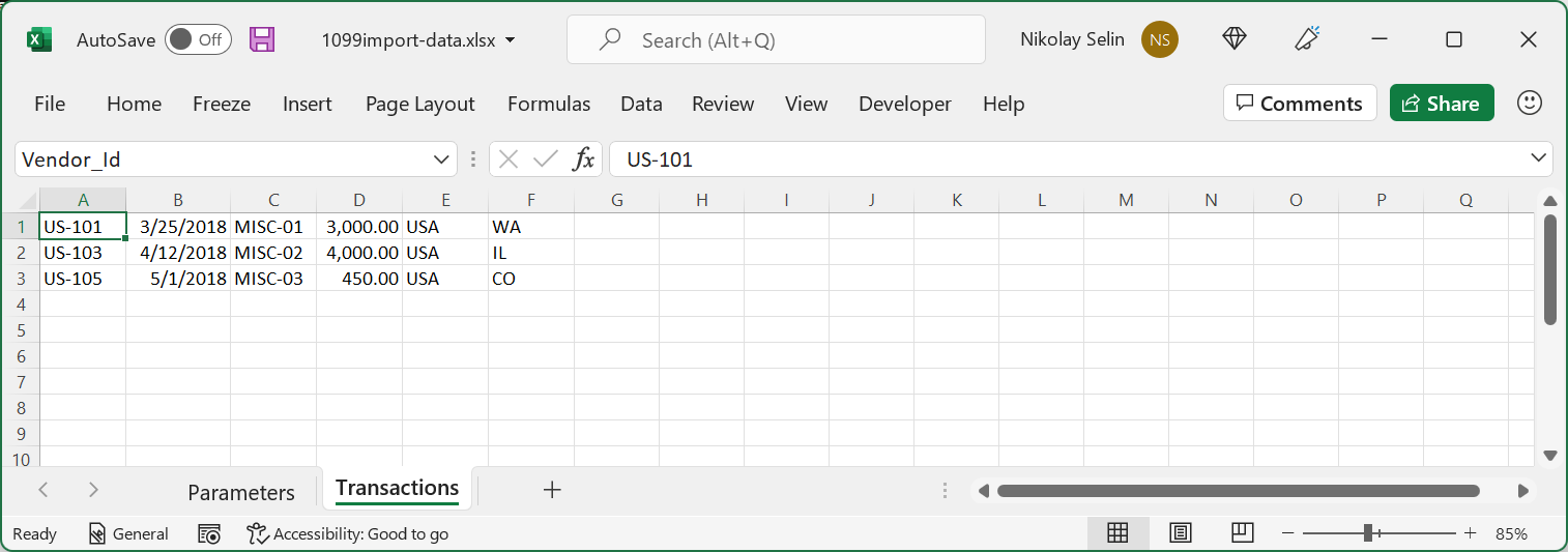 Sample Excel file with data for import in batch mode.