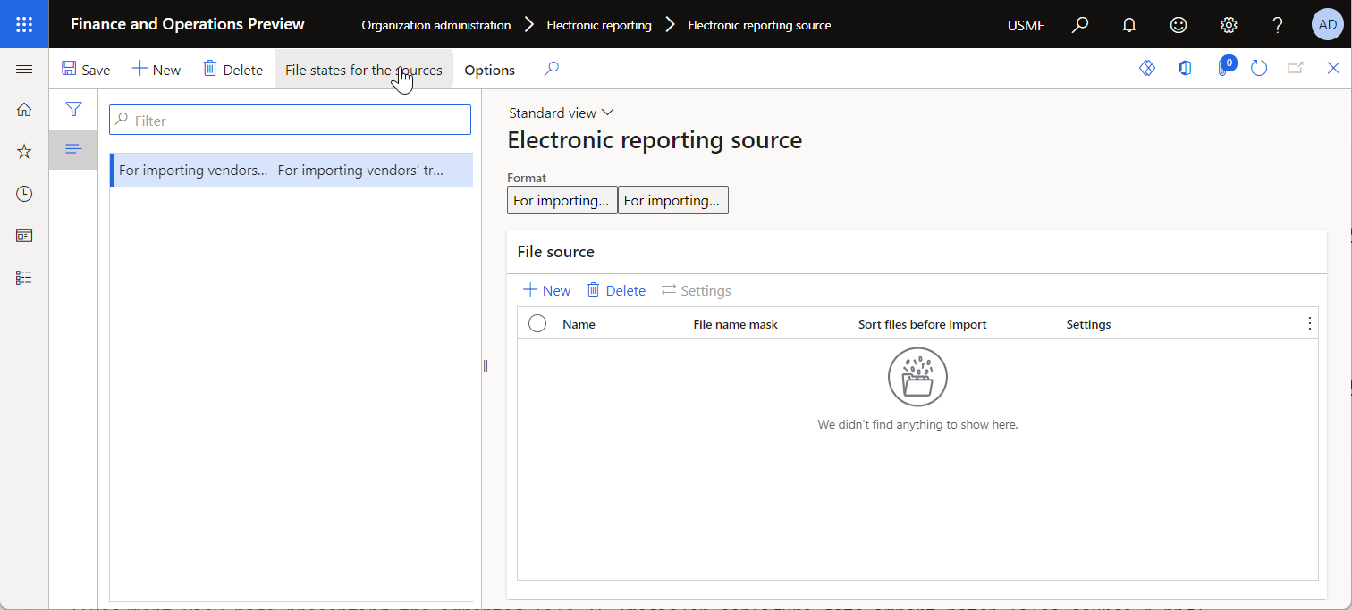 Record for the For importing vendors' transactions (Excel) configuration on the Electronic reporting source page.