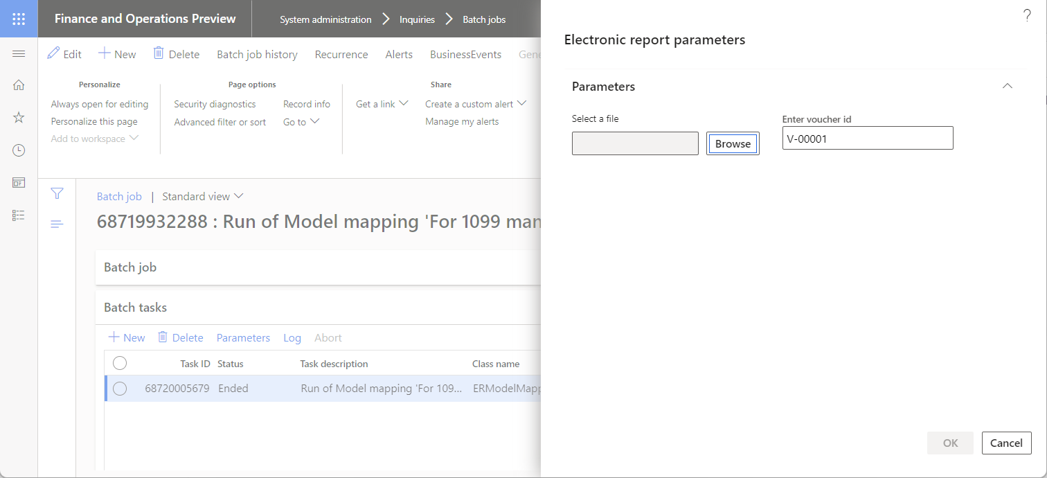 Changing the parameters of the data import for the scheduled batch job in the Electronic report parameters dialog box.