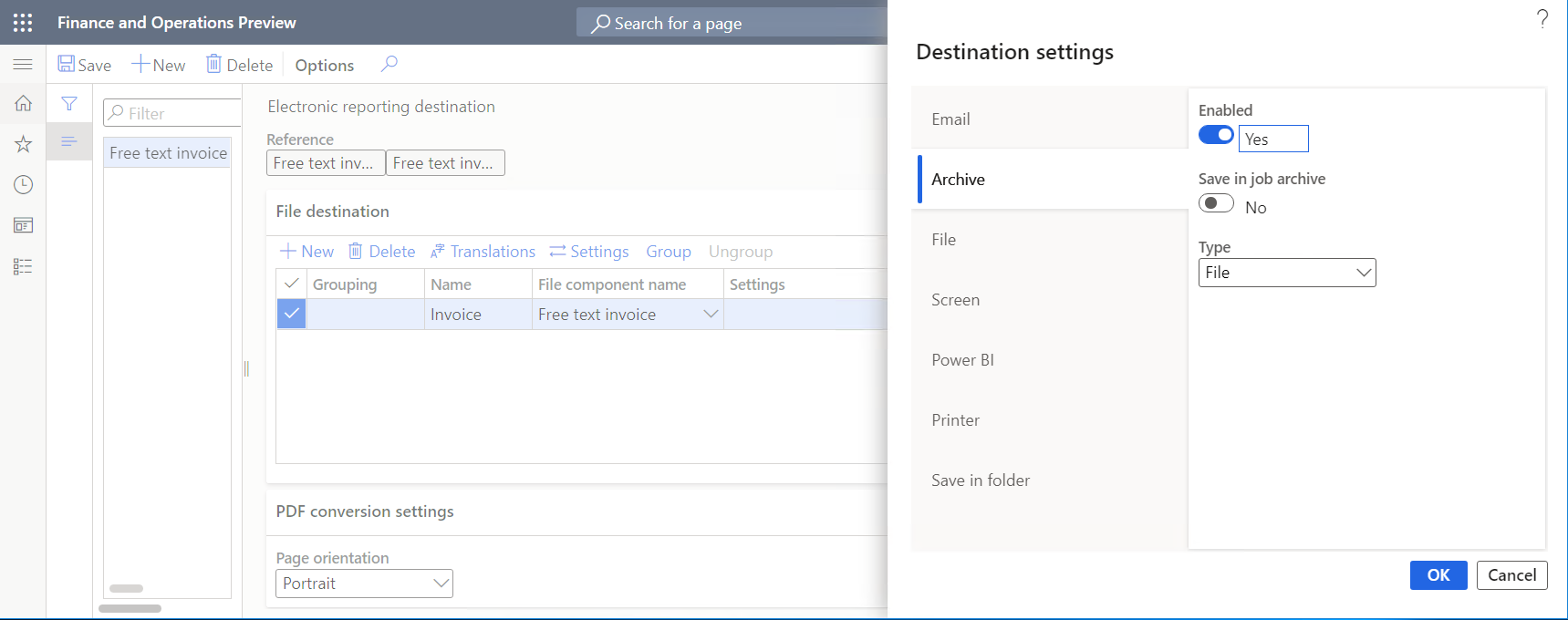 Configuring the Archive destination in the Destination settings dialog box.