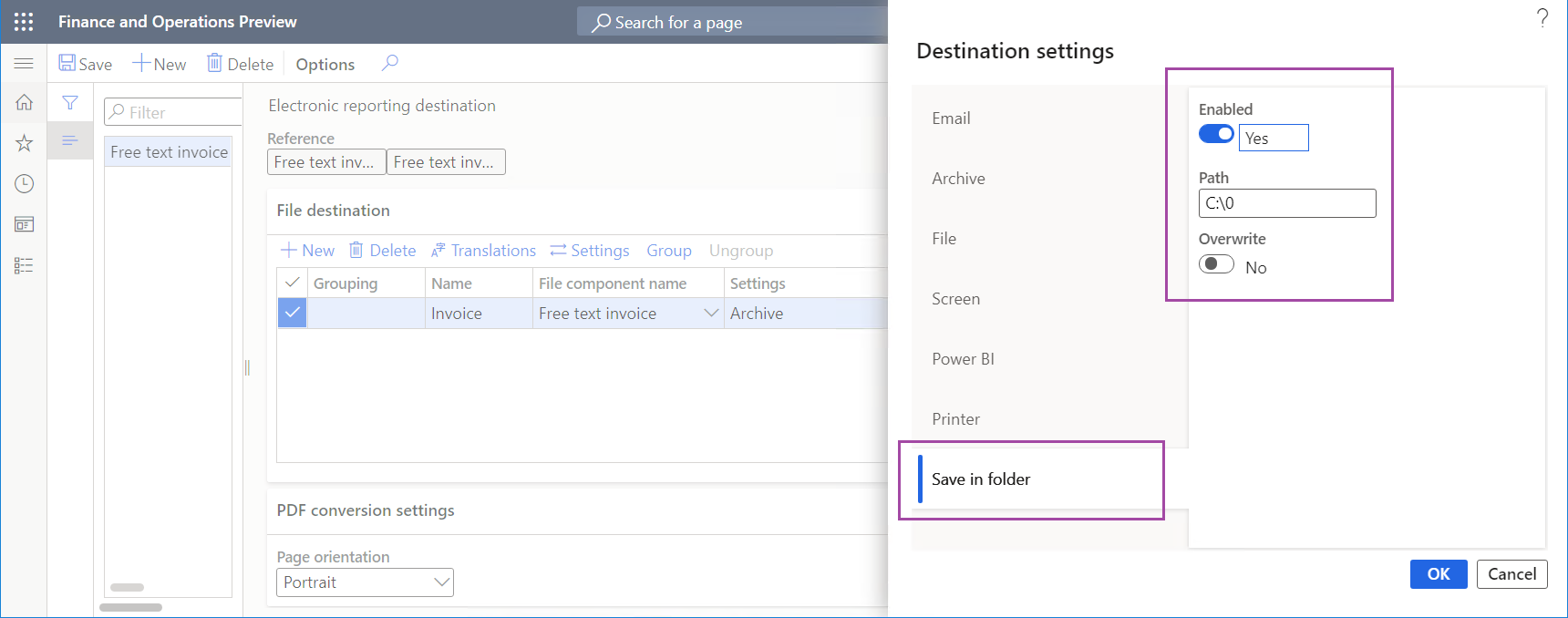 Configuring the Save in folder destination in the Destination settings dialog box.