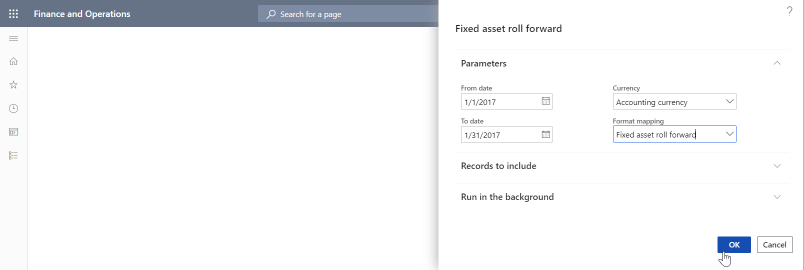 Runtime dialog box for the Fixed asset roll forward report.