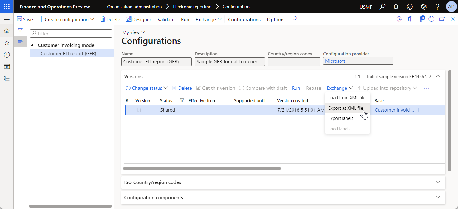 Exporting an ER format configuration version as XML on the Configuration page.